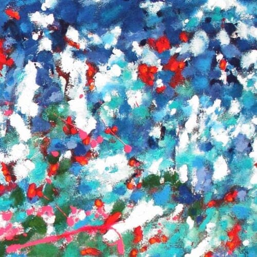 Lebendige abstrakte Malerei mit blauen, weißen und roten Akzenten, Originalkunstwerk von Nikolaus Kriese, Auftragsmalerei, moderne Expressionistische Kunst, individuelle Wandgestaltung.