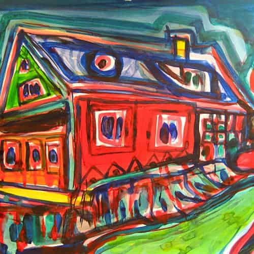 Buntes, expressionistisches Gemälde eines Hauses mit kräftigen Farben und dynamischer Linienführung, typisch für die Auftragsmalerei von Nikolaus Kriese in modernem Stil.