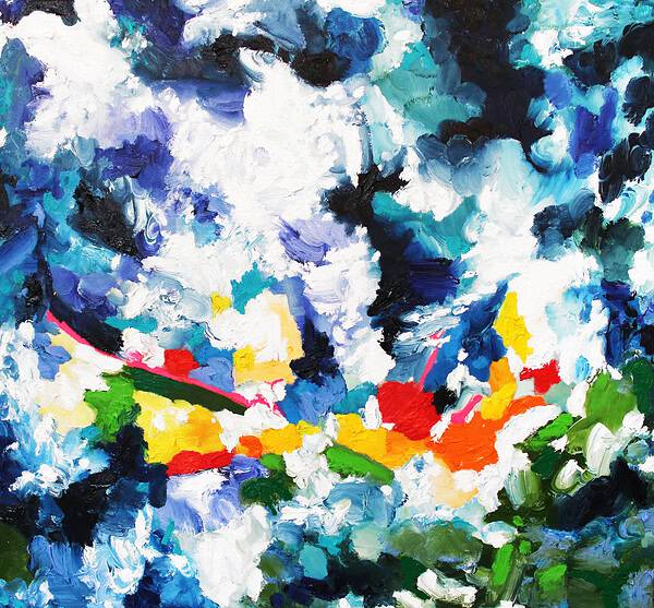 Farbenfrohe abstrakte Malerei mit dynamischen Pinselstrichen in Blau, Weiß, Rot, Gelb, Orange und Grün, inspiriert von modernen Kunststilen, gelungene Auftragsmalerei von Nikolaus Kriese.