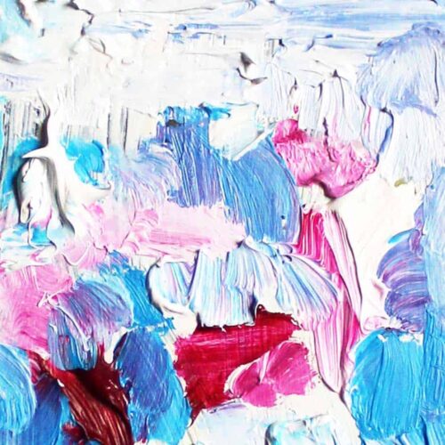 Lebendige Acrylmalerei mit kräftigen Blau-, Pink-, Weiß- und Rottönen, inspiriert von moderner Kunst, geschaffen von Nikolaus Kriese.