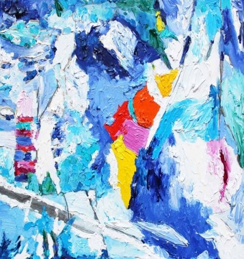 Lebendige abstrakte Malerei mit kräftigen Farben und expressivem Pinselstrich, ideal für Kunstliebhaber und individuelle Wandgestaltung.