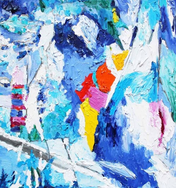 Lebendige abstrakte Malerei mit kräftigen Farben und expressivem Pinselstrich, ideal für Kunstliebhaber und individuelle Wandgestaltung.