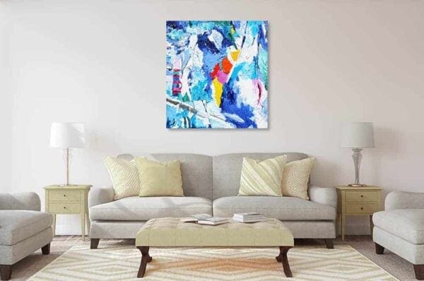 Farbenfrohes abstraktes Acrylbild, moderne Malerei für Wohnzimmer, Auftragsmalerei, Künstler Nikolaus Kriese, kreative Wandgestaltung, individuelle Kunstwerke, zeitgenössische Expressionismus, Wanddekoration Lounge.