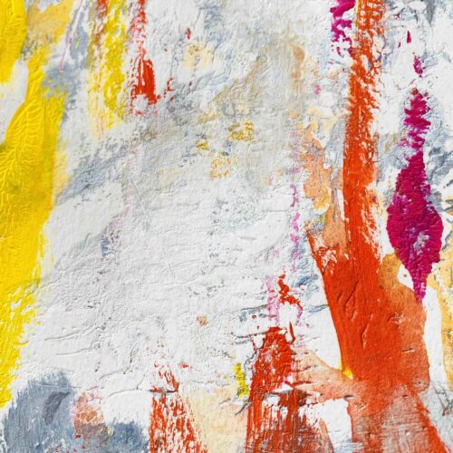 Lebendige abstrakte Malerei mit bunten Farbstrichen in Weiß, Orange, Pink und Gelb, modern und expressive Kunst, Auftragsmalerei erhältlich.