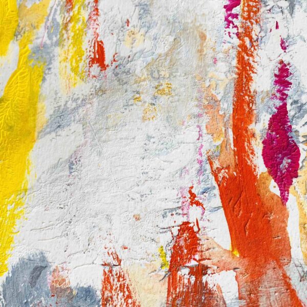 Lebendige abstrakte Malerei mit bunten Farbstrichen in Weiß, Orange, Pink und Gelb, modern und expressive Kunst, Auftragsmalerei erhältlich.