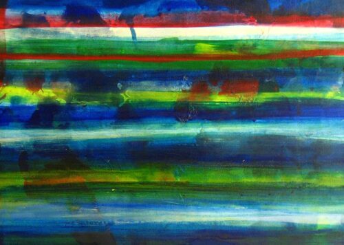 Lebendige abstrakte Aquarellmalerei mit bunten horizontalen Farbstrichen, kreative Wandkunst, Auftragsmalerei und Originalkunst von Nikolaus Kriese.