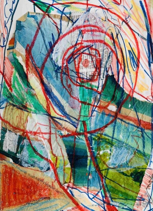 Farbenfrohe, abstrakte Malerei mit Collage-Elementen, expressive Linienführung und lebendigen Farbkombinationen, geschaffen im Rahmen der Auftragsmalerei von Nikolaus Kriese.