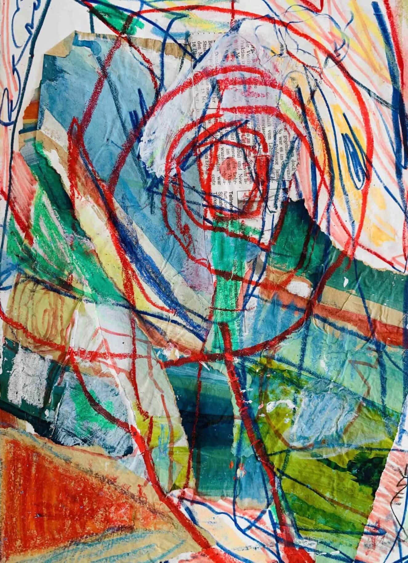 Farbenfrohe, abstrakte Malerei mit Collage-Elementen, expressive Linienführung und lebendigen Farbkombinationen, geschaffen im Rahmen der Auftragsmalerei von Nikolaus Kriese.