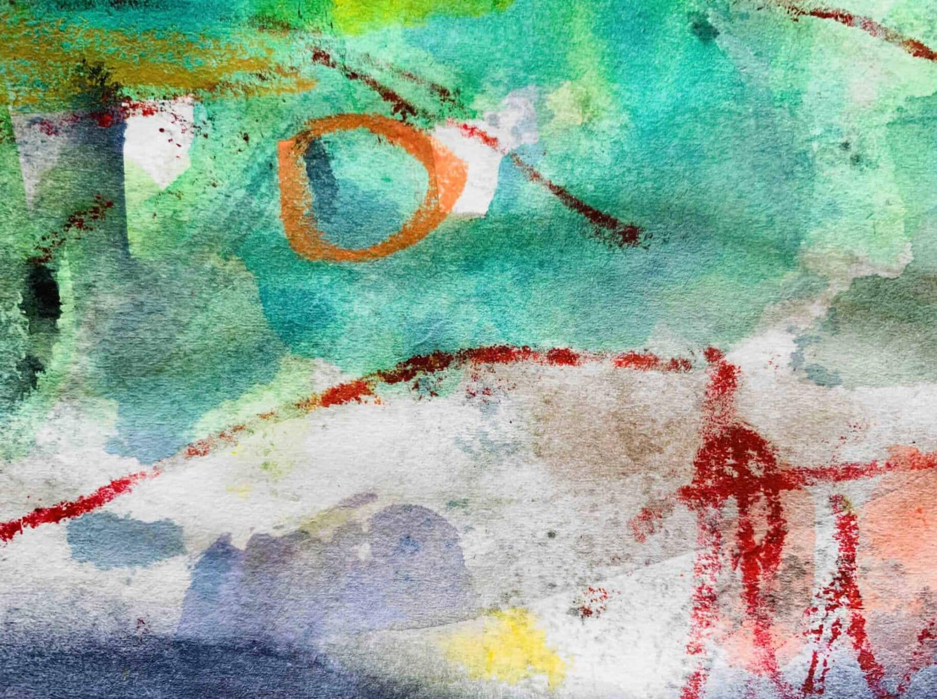 Farbfrohes abstraktes Aquarellkunstwerk mit grünen, blauen und roten Akzenten, kreative Malerei, moderne Acrylmalerei, Auftragsmalerei, künstlerische Wandgestaltung, individuelle Kunstwerke.