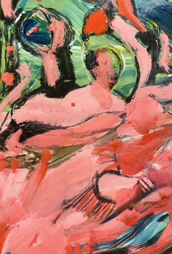 Farbenfrohes abstraktes Gemälde mit Paar in erotischer Umarmung, moderne Malerei, Auftragsmalerei, Künstler Nikolaus Kriese, expressive Kunst, erotische Kunst, junge Erotik, farbige Leinwandkunst.