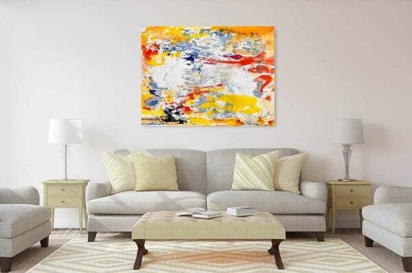 Farbenfrohes abstraktes Gemälde in Wohnzimmer, moderne Malerei für Wohnzimmerdekoration, original Auftragsmalerei von Nikolaus Kriese, zeitgenössische Kunst für interior design.