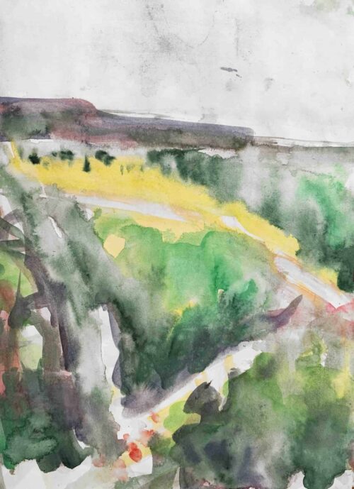 Aquarellbild von Nikolaus Kriese mit Landschaftsmotiv, sanfte Farben, Natur- und Landschaftsmalerei, Auftragsmalerei, handgemalt, ästhetische Kunstwerke, Originale Kunstwerke, Wassermalerei, regionale Künstler, individuelle Kunst.