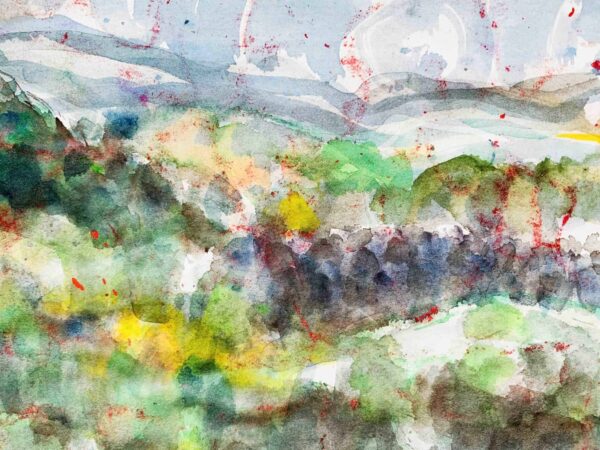 Farbenfrohe Aquarell-Landschaftsmalerei, kreative Auftragsmalerei im modernen Stil, künstlerische Landschaftsinterpretation, abstrakte Naturkunst, individuelle Kunstwerke von Nikolaus Kriese.