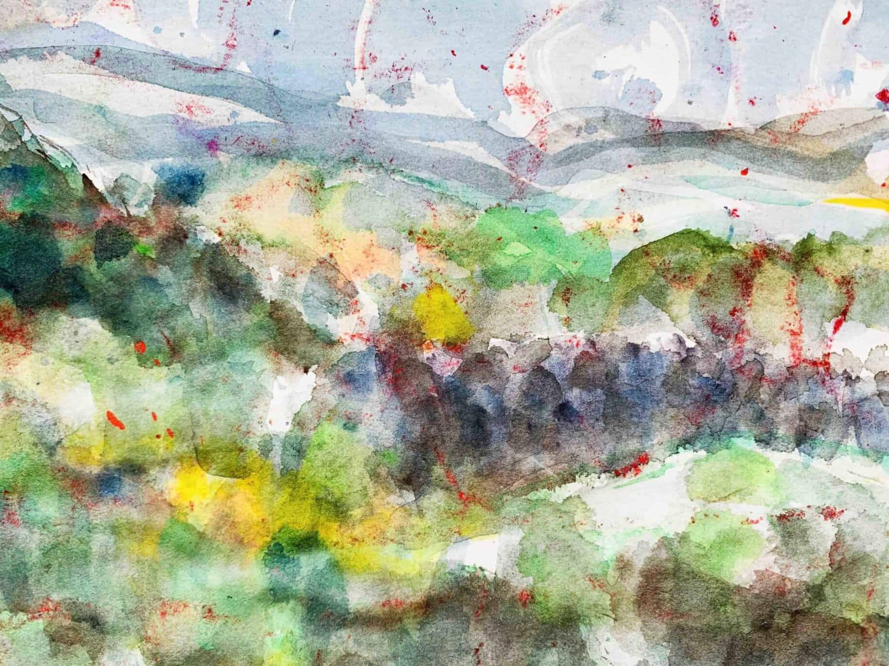Farbenfrohe Aquarell-Landschaftsmalerei, kreative Auftragsmalerei im modernen Stil, künstlerische Landschaftsinterpretation, abstrakte Naturkunst, individuelle Kunstwerke von Nikolaus Kriese.