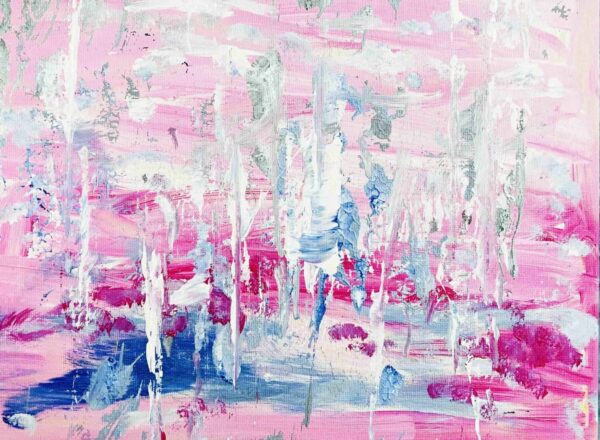 Lebendige abstrakte Malerei mit Rosa, Blau und Weiß, künstlerische Auftragsmalerei für individuelle Wandgestaltung, moderner Kunststil, Originalkunstwerk von Nikolaus Kriese.