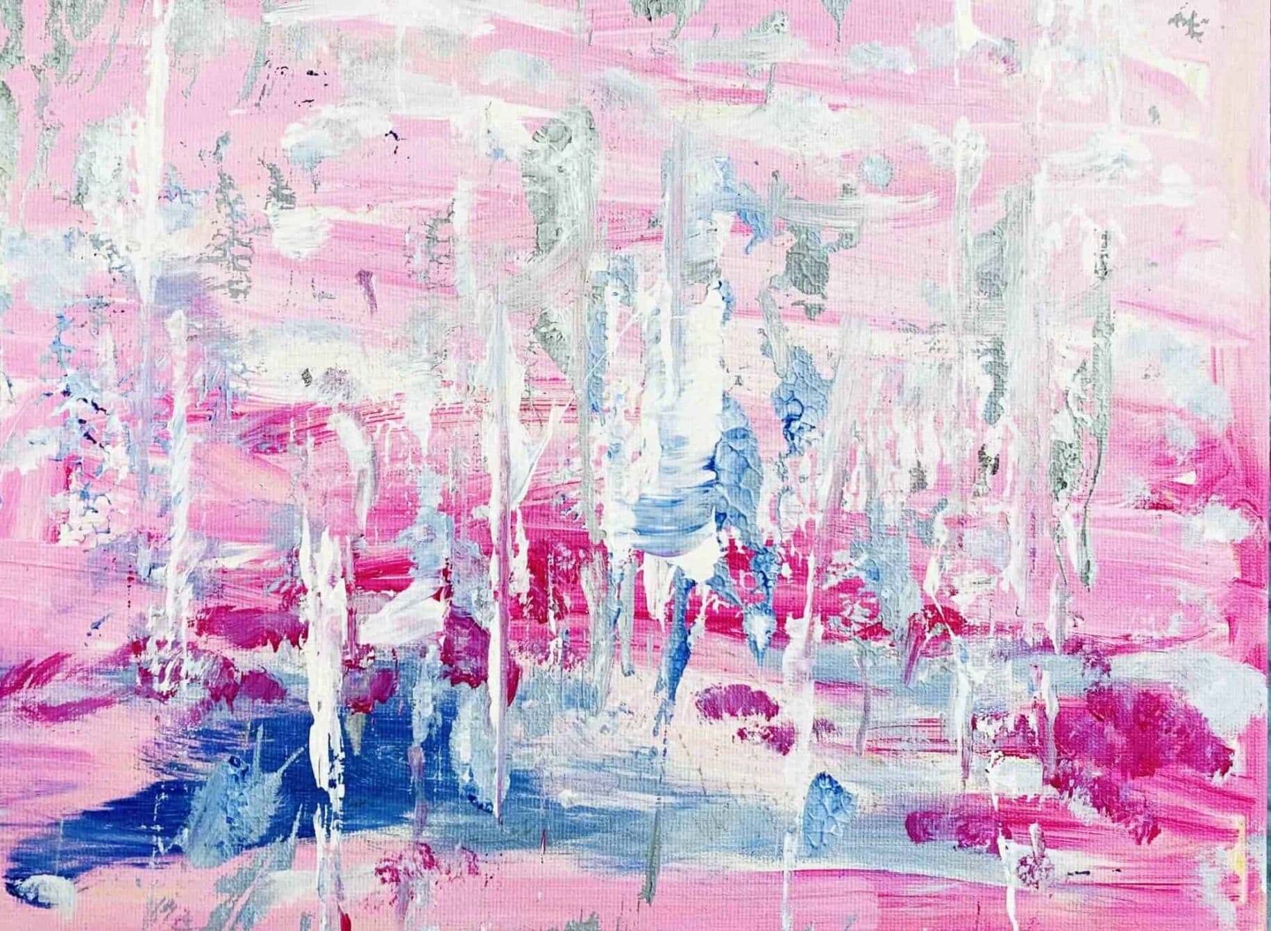 Lebendige abstrakte Malerei mit Rosa, Blau und Weiß, künstlerische Auftragsmalerei für individuelle Wandgestaltung, moderner Kunststil, Originalkunstwerk von Nikolaus Kriese.