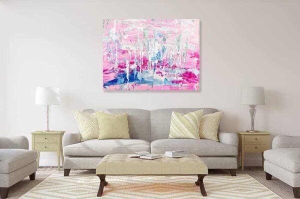 Abstrakte moderne Kunst, Acrylmalerei, Wandbild in Pink, Blau und Weiß, Fokus auf Auftragsmalerei und individuelle Kunstwerke, ideal für Wohnzimmerdekoration.