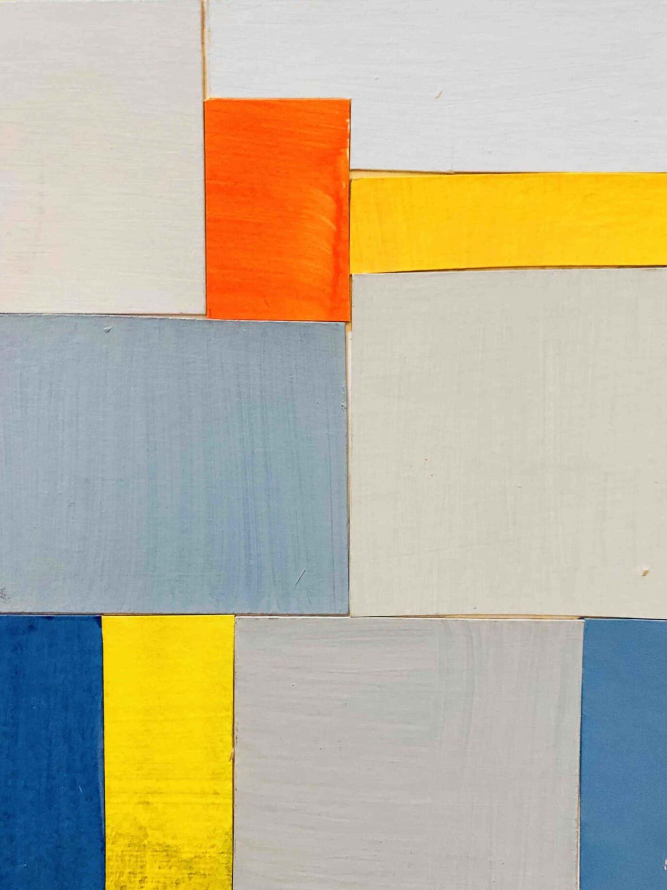 Farbenfrohe abstrakte Malerei in moderner Geometrie, mit bunten rechteckigen Flächen in Blau, Gelb, Grau, Rot und Weiß, geschaffen durch Nikolaus Kriese.