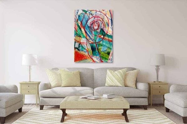 Farbenfrohes abstraktes Gemälde von Nikolaus Kriese als Wandkunst in modernem Wohnzimmer, perfekte Auftragsmalerei für individuelle Kunst und Raumgestaltung.