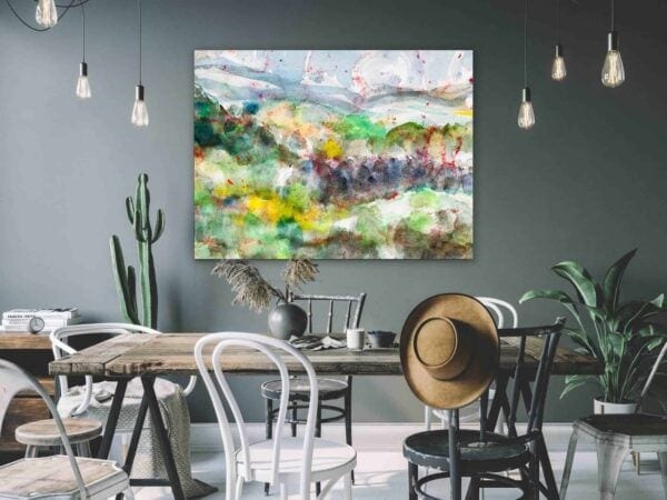Französischer Maler, abstrakte Wasserfarben-Kunst, modernes Wohnzimmer, bunte Landschafts-Malerei, kreative Dekoration, Wandbild, Raumgestaltung, zeitgenössische Kunst, Interior Design, Wohnzimmerkunst, Wanddekoration.