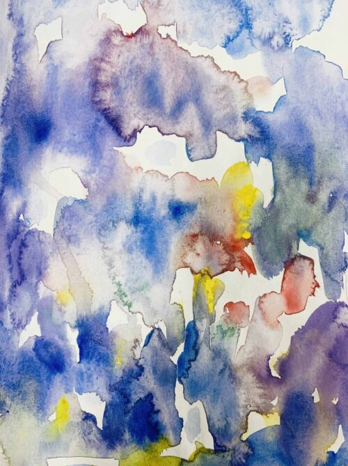 Farbenfrohe Aquarellmalerei mit Blau-, Violett- und Gelbtönen, die eine abstrakte und kreative Bildkomposition zeigen, typisch für die Auftragsmalerei von Nikolaus Kriese.