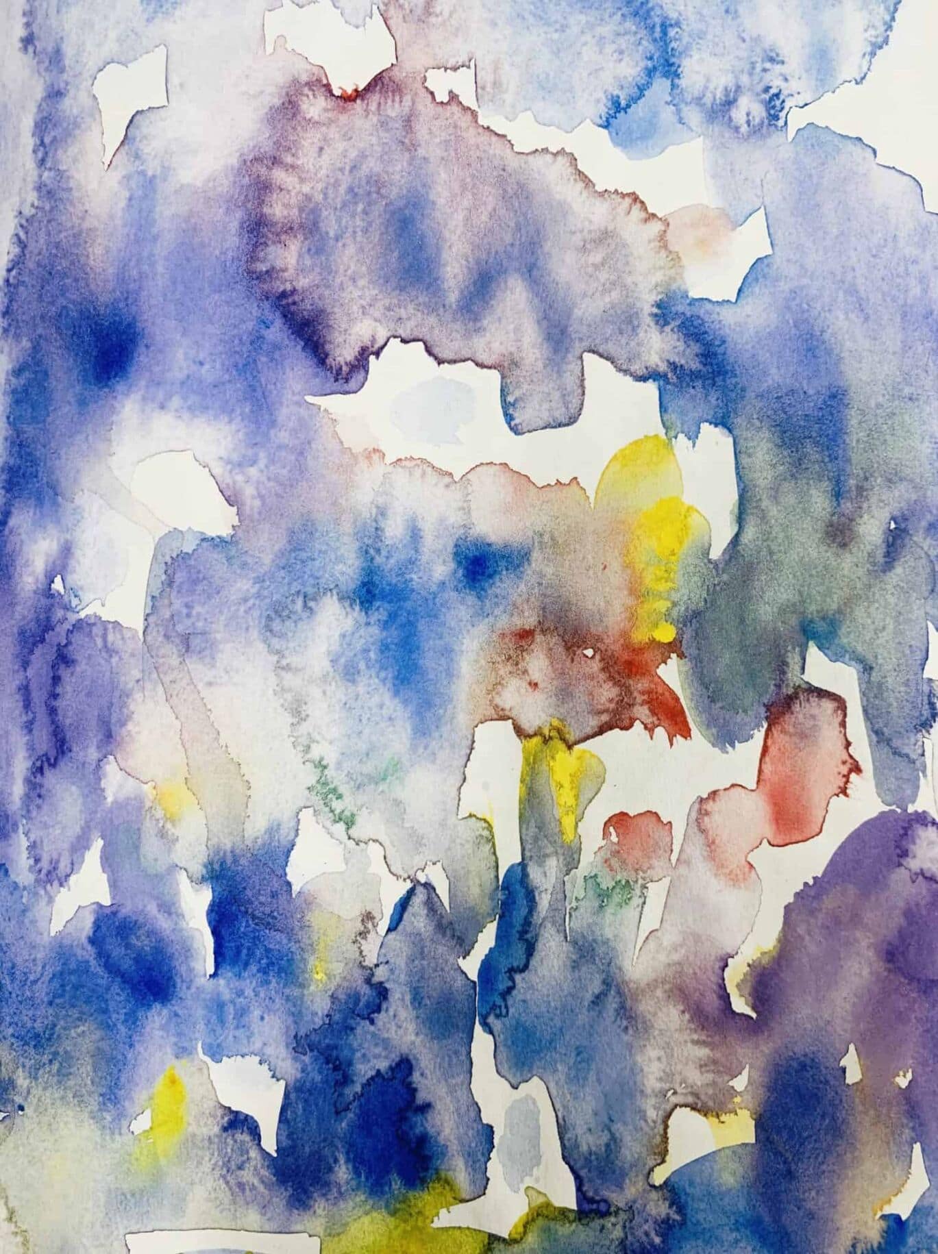 Farbenfrohe Aquarellmalerei mit Blau-, Violett- und Gelbtönen, die eine abstrakte und kreative Bildkomposition zeigen, typisch für die Auftragsmalerei von Nikolaus Kriese.