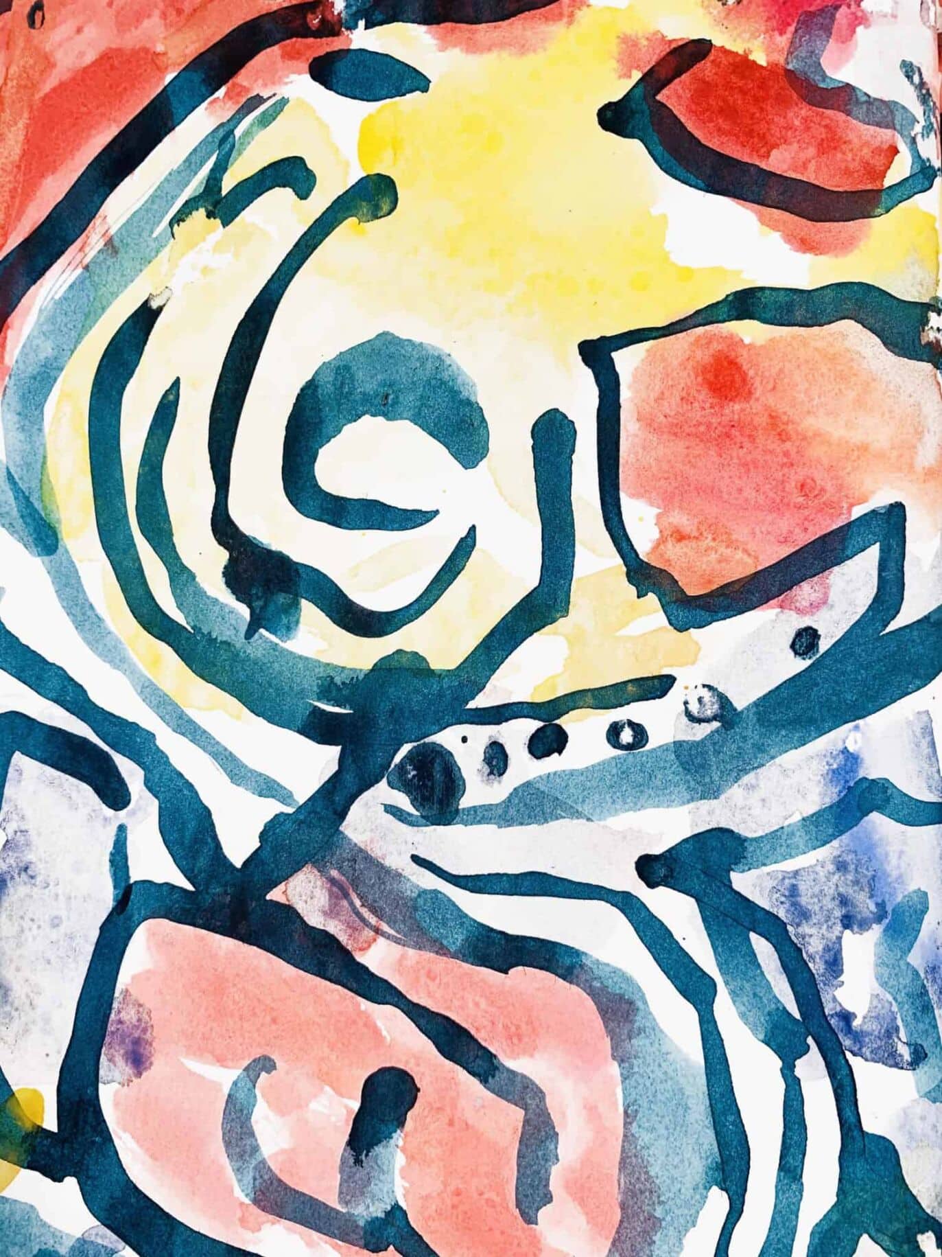 Lebendige Aquarellmalerei eines abstrakten Blumenmotivs mit hellen Farben und kräftigen Linien, ideal für Kunstliebhaber und individuelle Auftragsmalerei von Nikolaus Kriese.