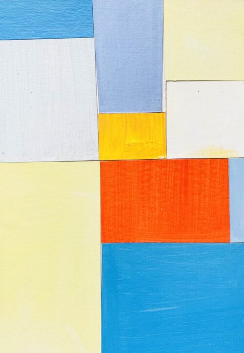 Abstraktes Acrylbild Rotes Quadrat mit Blau und Gelb Hell