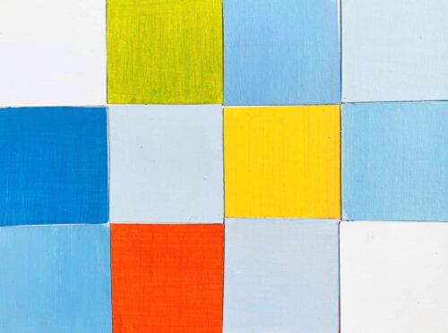 Farbenfrohe abstrakte Malerei mit quadratischen Farbflächen in Blau, Gelb, Rot und Weiss – Auftragsmalerei und kreative Kunstwerke von Nikolaus Kriese.