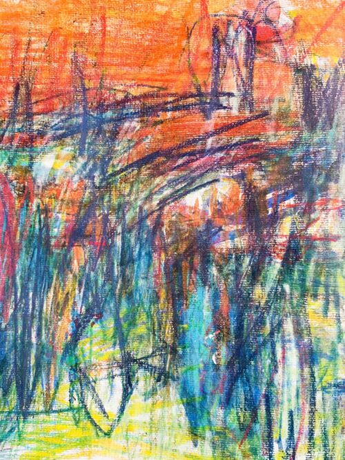Lebendige abstrakte Acrylmalerei mit leuchtenden Farben und dynamischen Pinselstrichen, die emotional und kreativ wirken, von Nikolaus Kriese.