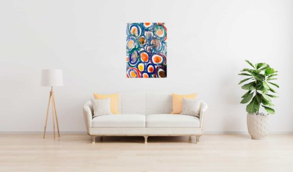 Farbenfrohes abstraktes Gemälde in minimalistischer Wohnzimmergestaltung, moderne Kunst, Innenraum Dekor, Wandbild Kunst, zeitgenössische Malerei.