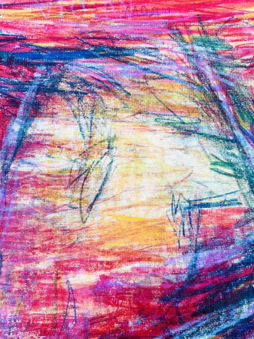 Lebendige abstrakte Malerei mit bunten Acryl- und Pastellfarben, die spontane Linien und Texturen vereinen, entstanden als Auftragskunst im Stil expressionistischer Kunst.