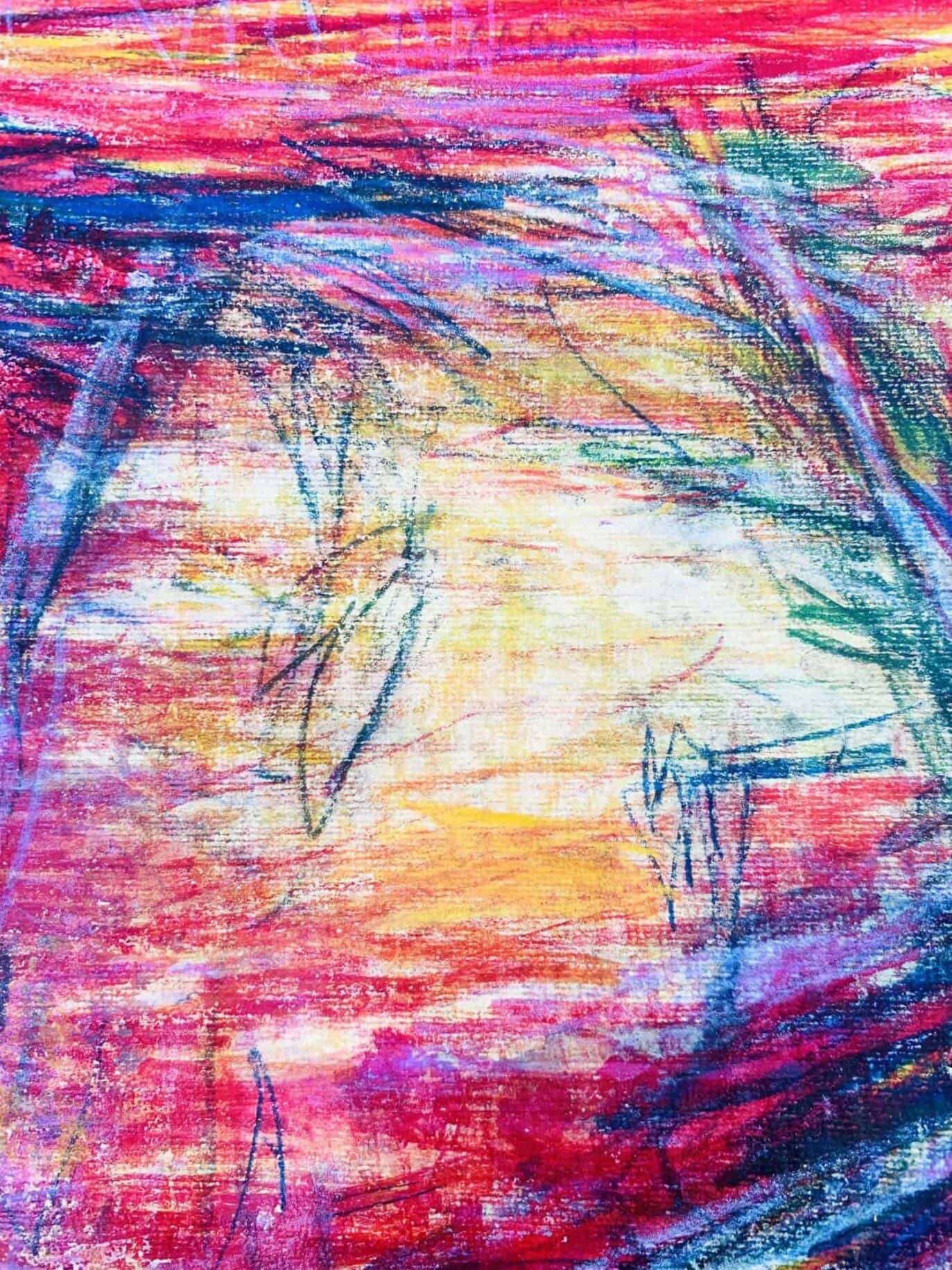 Lebendige abstrakte Malerei mit bunten Acryl- und Pastellfarben, die spontane Linien und Texturen vereinen, entstanden als Auftragskunst im Stil expressionistischer Kunst.