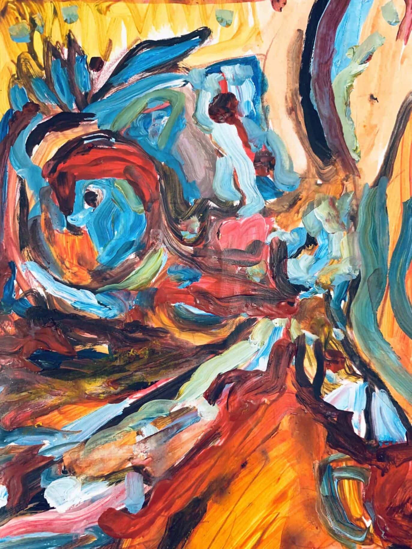 Farbenfrohes abstraktes Gemälde mit intensiven Pinselstrichen, moderne Malerei, expressionistische Kunst, kreative Kunstwerke, Auftragsmalerei Nikolaus Kriese.