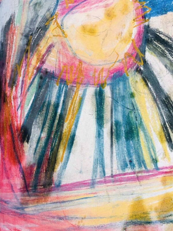 Lebendige, kindliche Malerei mit strahlende Sonne, kräftigen Farben und dynamischen Pinselstrichen, entstanden durch Auftragsmalerei von Nikolaus Kriese, ideal für kreative Wohnideen und individuelle Kunstwerke.