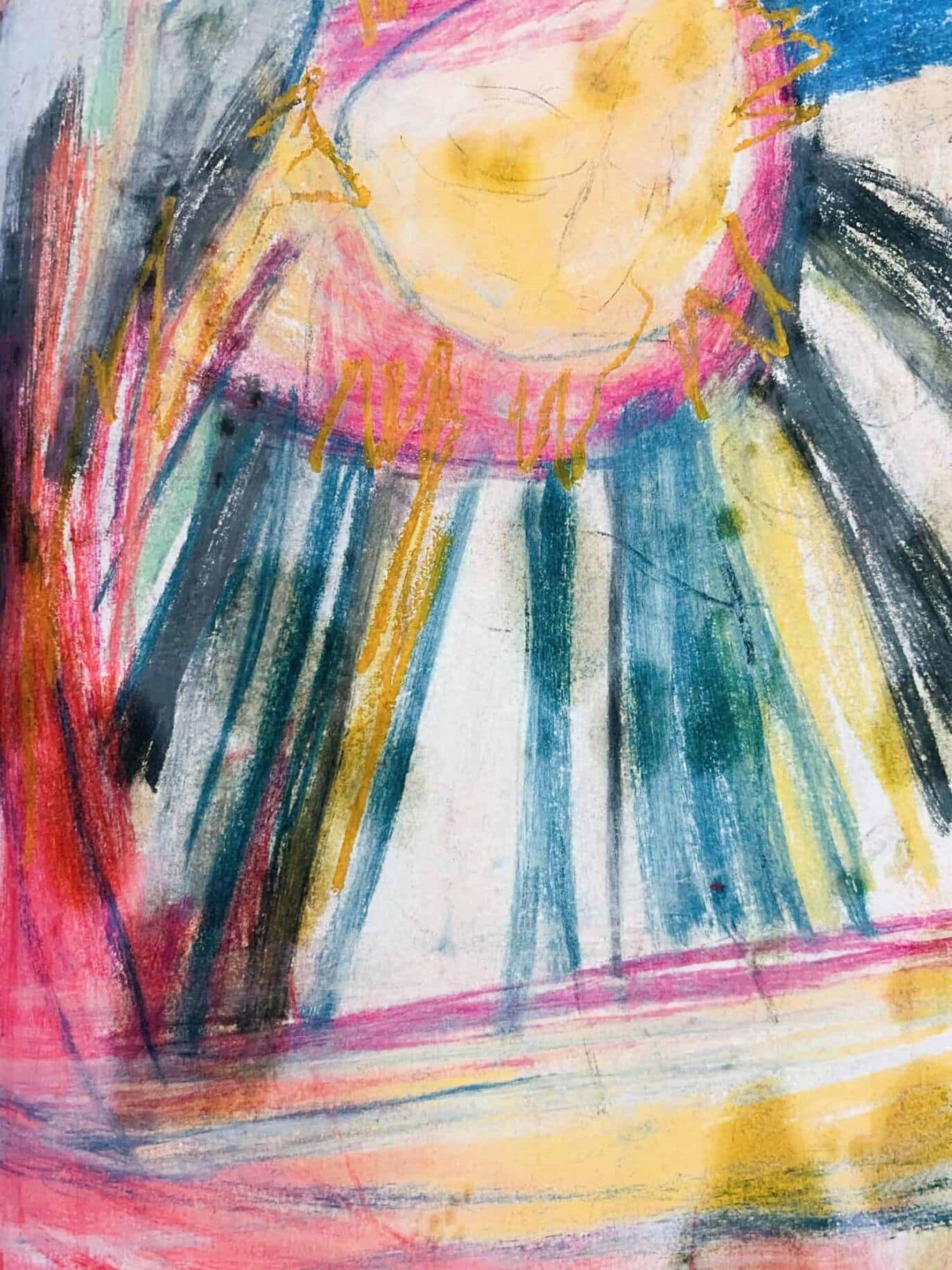Lebendige, kindliche Malerei mit strahlende Sonne, kräftigen Farben und dynamischen Pinselstrichen, entstanden durch Auftragsmalerei von Nikolaus Kriese, ideal für kreative Wohnideen und individuelle Kunstwerke.