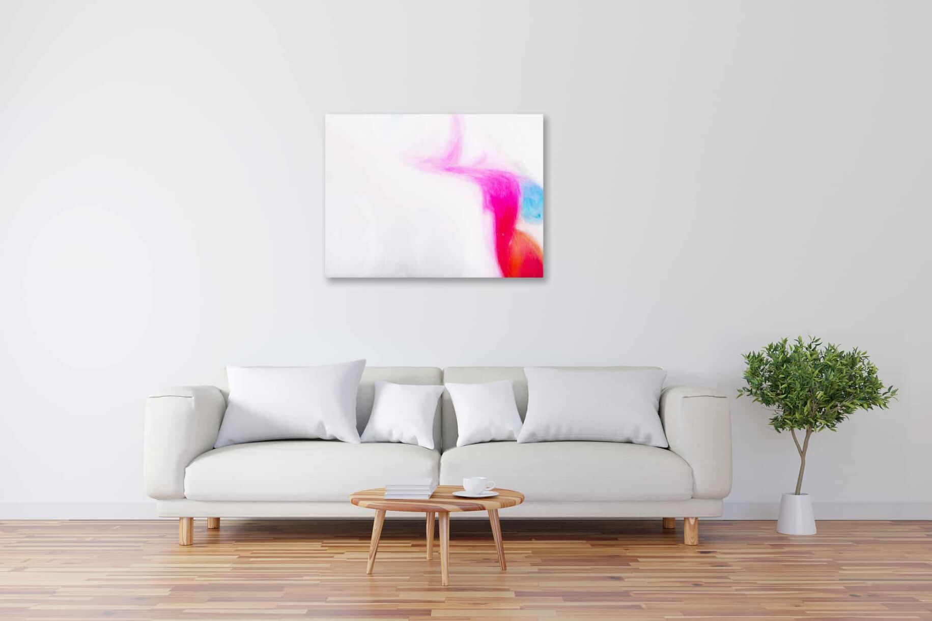 Farbenfrohes abstraktes Gemälde in modernem Wohnzimmer, Wandkunst, Auftragsmalerei, kreative Kunstwerke, individuelle Kunst, Interior Dekoration, Wandbild, Künstler Nikolaus Kriese, modernes Wohndesign, hochwertige Malerei.