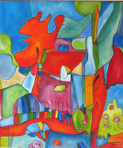Bunte abstrakte Malerei, moderne Auftragsmalerei, expressionistische Wanderausstellung, kreative Kunstwerke, zeitgenössische Künstlerarbeit.