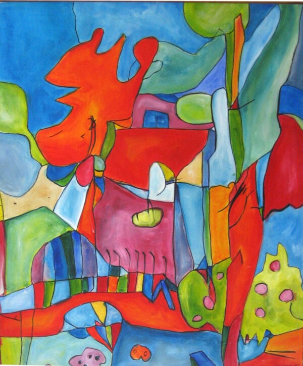 Bunte abstrakte Malerei, moderne Auftragsmalerei, expressionistische Wanderausstellung, kreative Kunstwerke, zeitgenössische Künstlerarbeit.