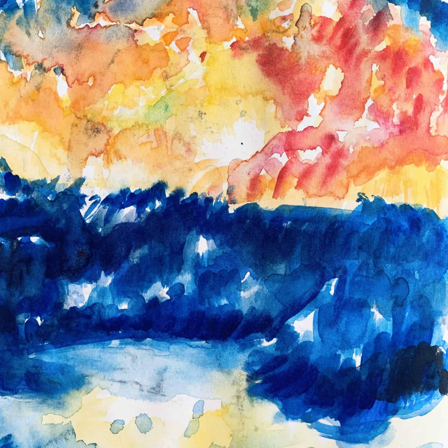 Farbenfrohes abstraktes Aquarellbild mit leuchtenden Orangetönen, Rot und kräftigem Blau, kreative Malerei und expressive künstlerische Gestaltung, Originalkunstwerk von Nikolaus Kriese.