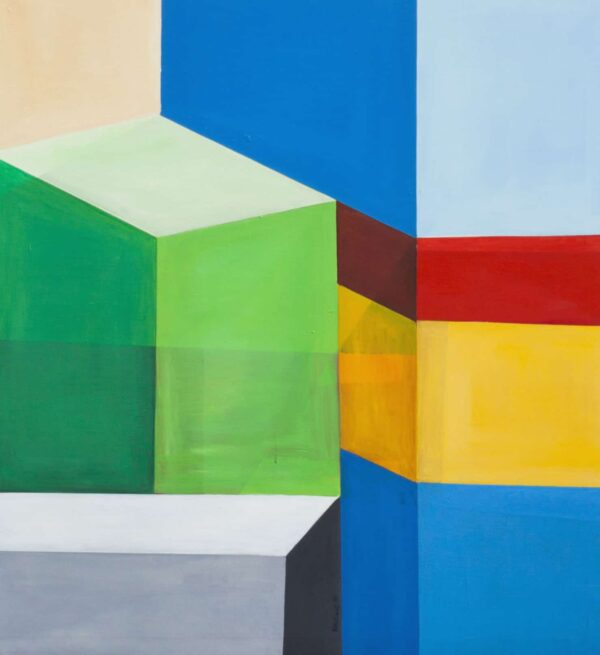 Bunte geometrische abstrakte Malerei, Modern Art, farbige Kubistische Kunst, Auftragsmalerei Nikolaus Kriese, farbenfrohes Wandbild für Innenräume.
