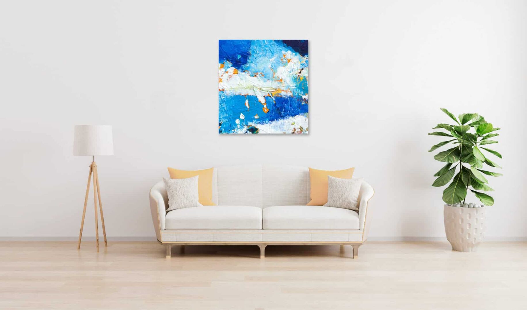 Handgemaltes Ölgemälde 'Blaue Feder' – 61x121 Cm, Abstrakte Wandkunst Fürs Wohnzimmer