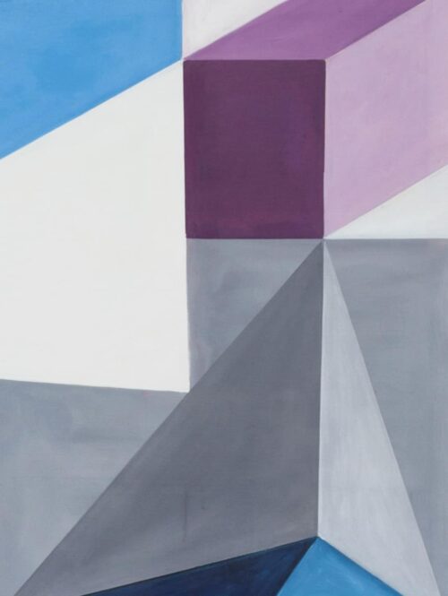 Abstrakte geometrische Malerei mit eleganten Farbflächen in Blau, Lila, Grau und Weiß, geschaffen von Nikolaus Kriese, spezialisiert auf Auftragsmalerei und individuelle Kunstwerke.