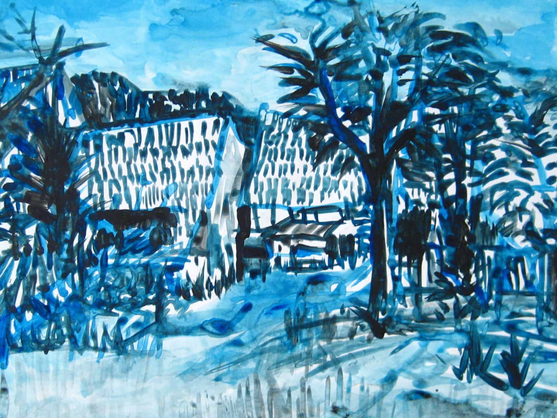 Farbenfrohe expressionistische Malerei eines Landschaftsbildes mit Gebäuden, Bäumen und Naturmotiven im Blauton, inspiriert von Auftragsmalerei und Malerei.