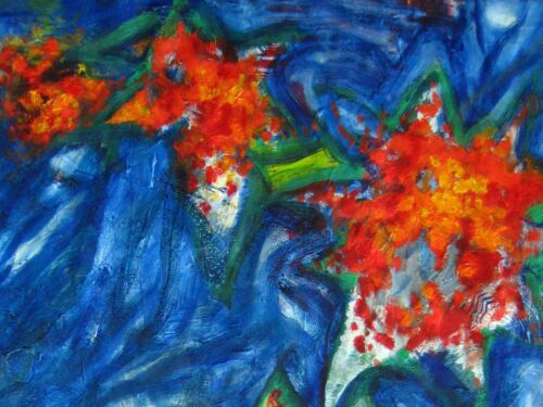 Modernes Acryl Gemälde rote Blumen mit Blau