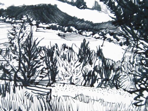 Dunkle, expressive Malerei eines Winterwalds mit stilisierten Bäumen und Schneelandschaft, erstellt mit Pinselstrichen und Tinte, im modernen Kunststil.
