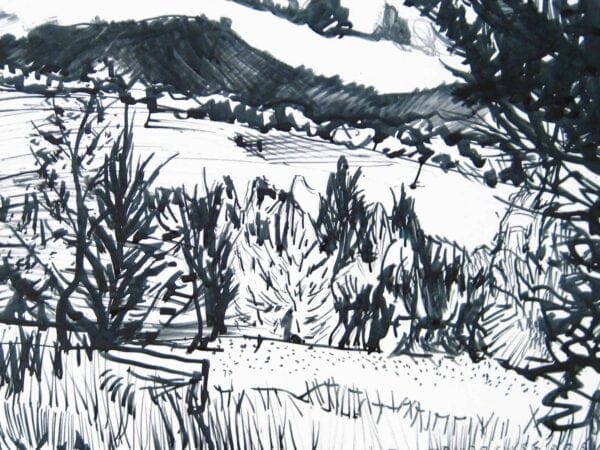 Dunkle, expressive Malerei eines Winterwalds mit stilisierten Bäumen und Schneelandschaft, erstellt mit Pinselstrichen und Tinte, im modernen Kunststil.