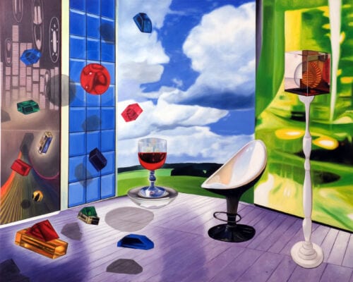 Farbiges Stillleben mit Glas Rotwein, modernen Möbeln und einer lebendigen Naturlandschaft im Hintergrund, inspiriert von zeitgenössischer Malerei und Auftragsmalerei.