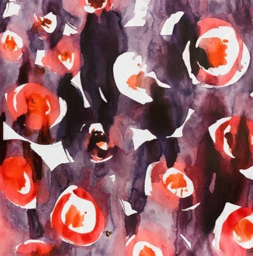 Aquarellgemälde mit psychedelischen roten Blüten und schwarzen Umrissen, künstlerische abstrakte Gemälde, moderne Wasserfarbe Kunst, Malerei für Wohnräume, Auftragskunst von Nikolaus Kriese.