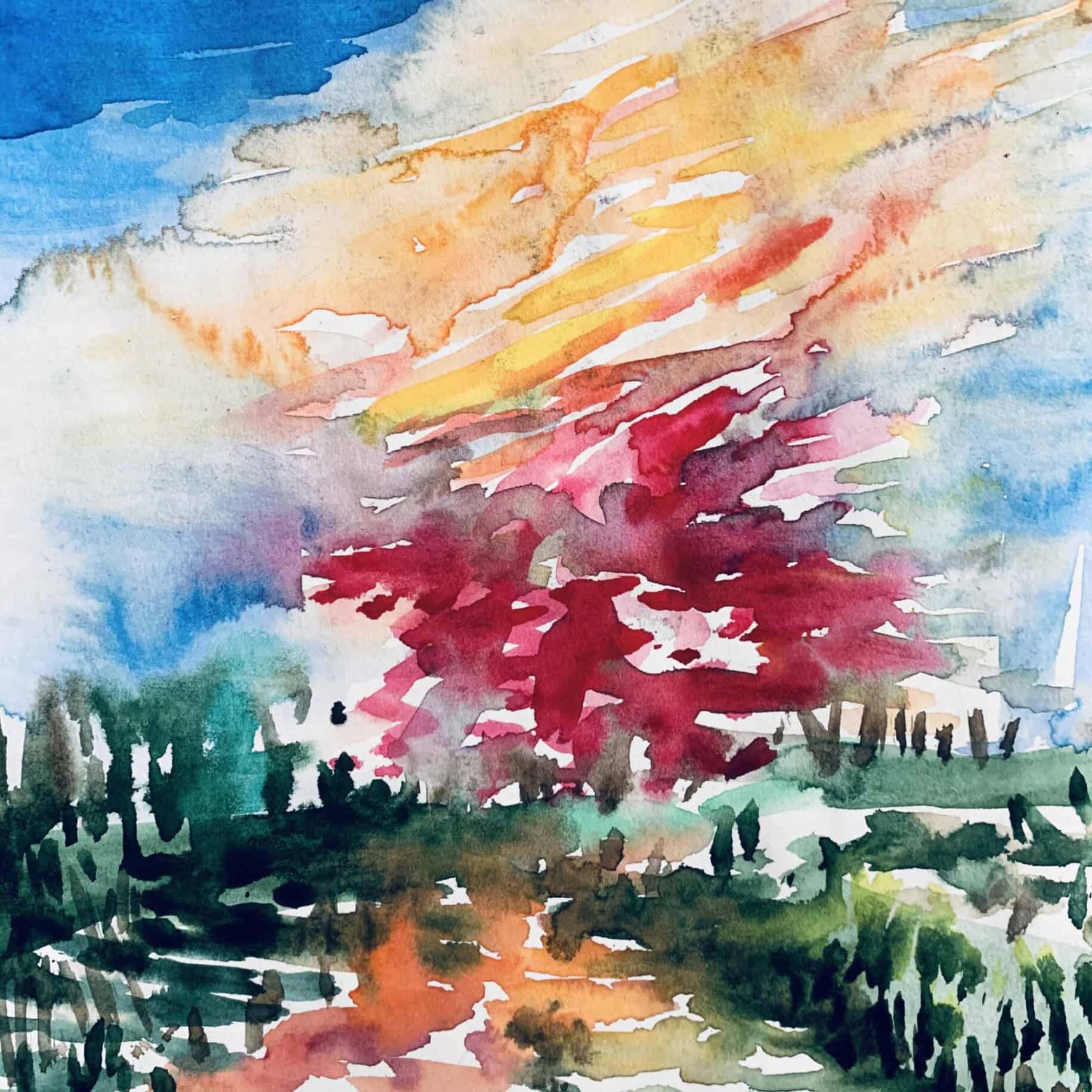 Farbenfrohes Aquarellbild eines Baumes mit rotem Laub unter einem bunten Himmel, impressionistische Maltechnik, original Acryl- und Aquarellmalerei, kreative Auftragsmalerei, künstlerische Wandgestaltung, Nikolaus Kriese.